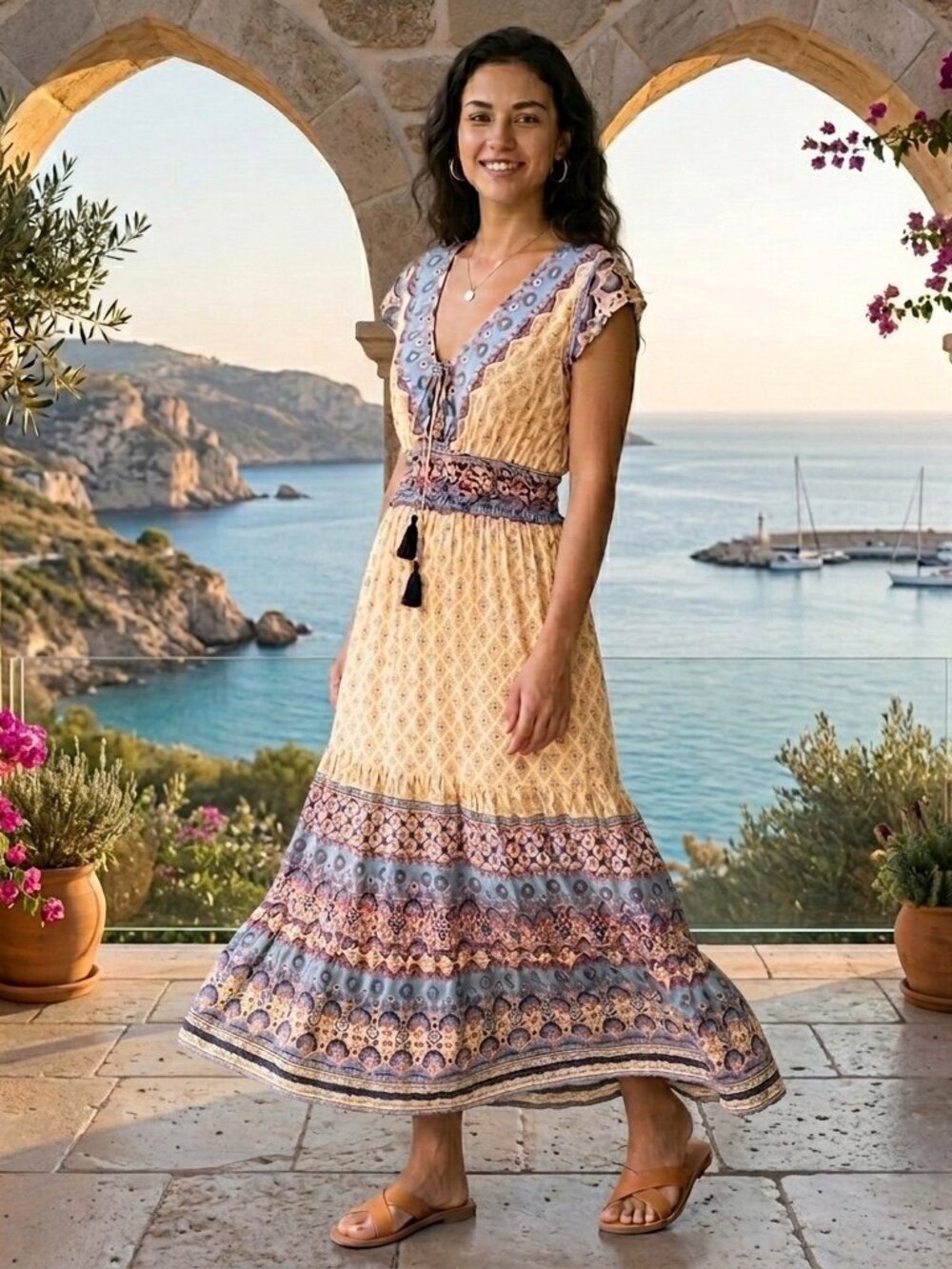 Angie Boho India Print Tassel Tie Maxi Dress Size Small NWT - Picture 1 of 12